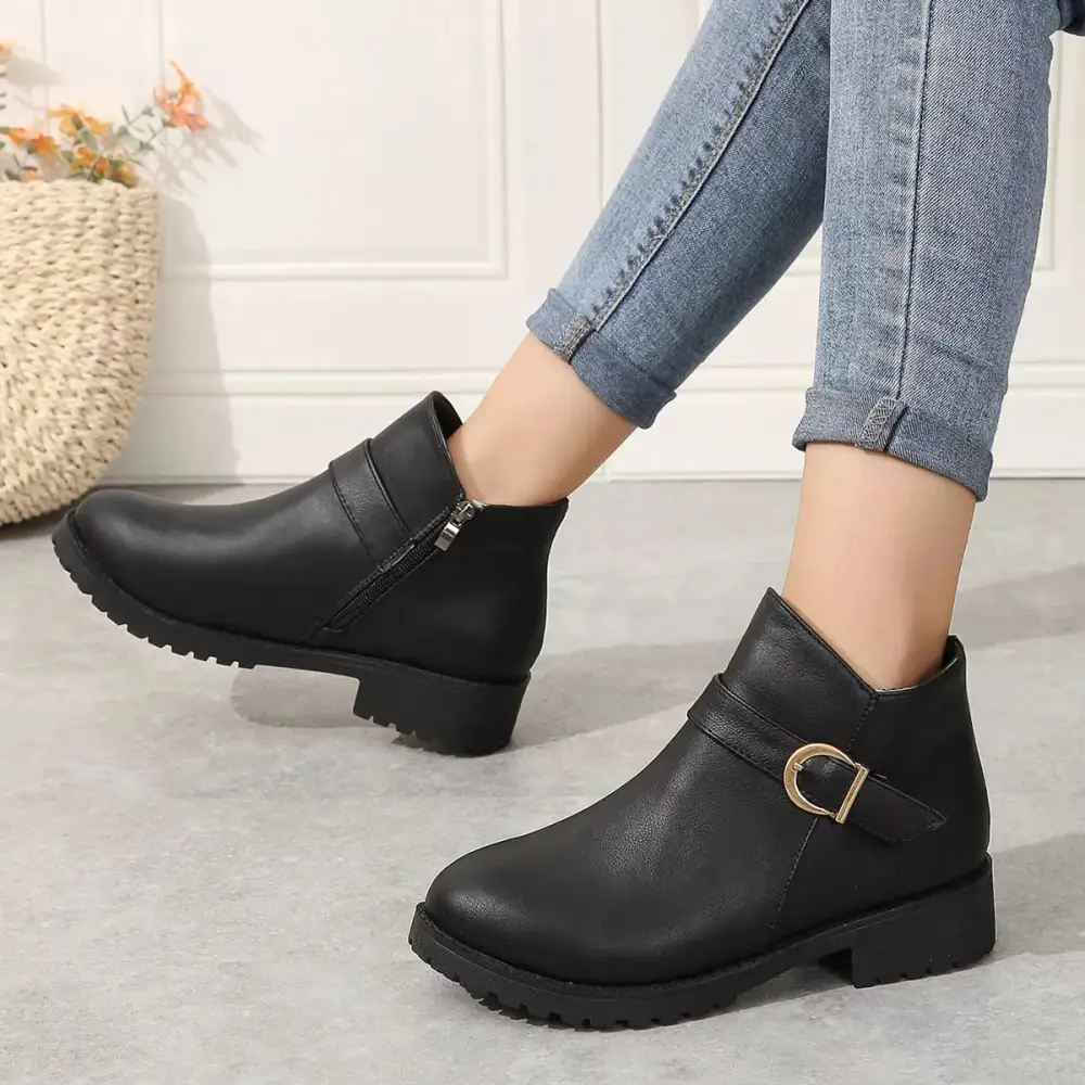 Refined Buckle Accent Ankle Boots