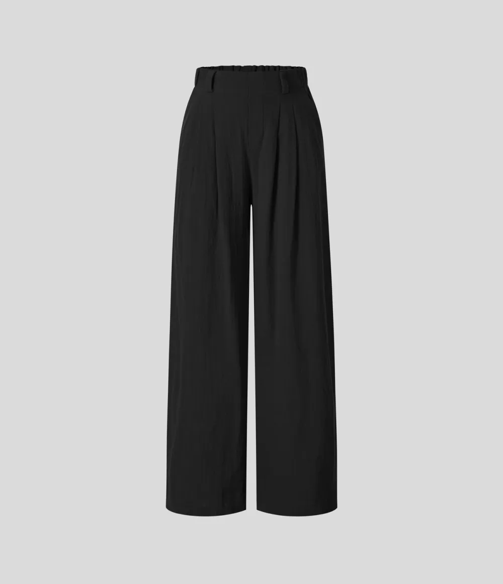 High Waisted Plicated Side Pocket Wide Leg Flowy Solid Palazzo Casual Linen-Feel Pants