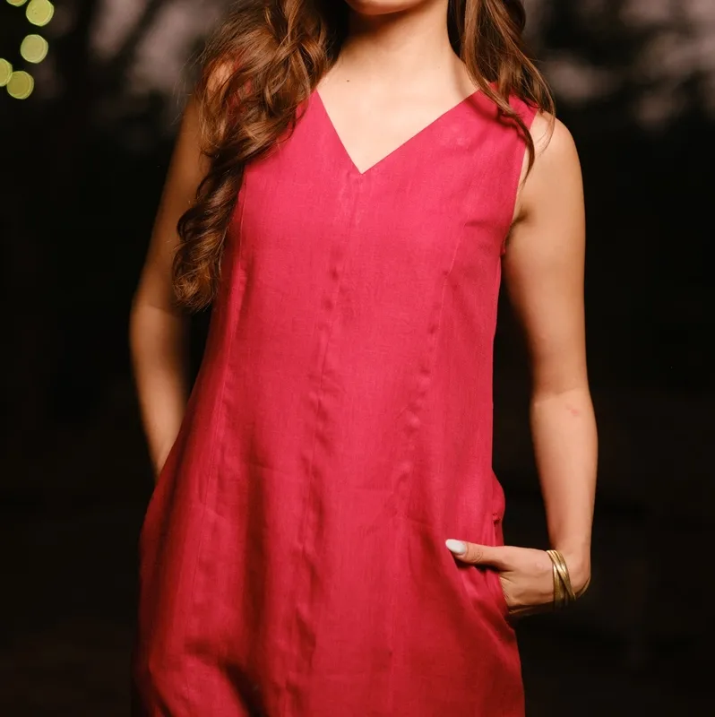 Rust Red Linen V-Neck Midi Dress