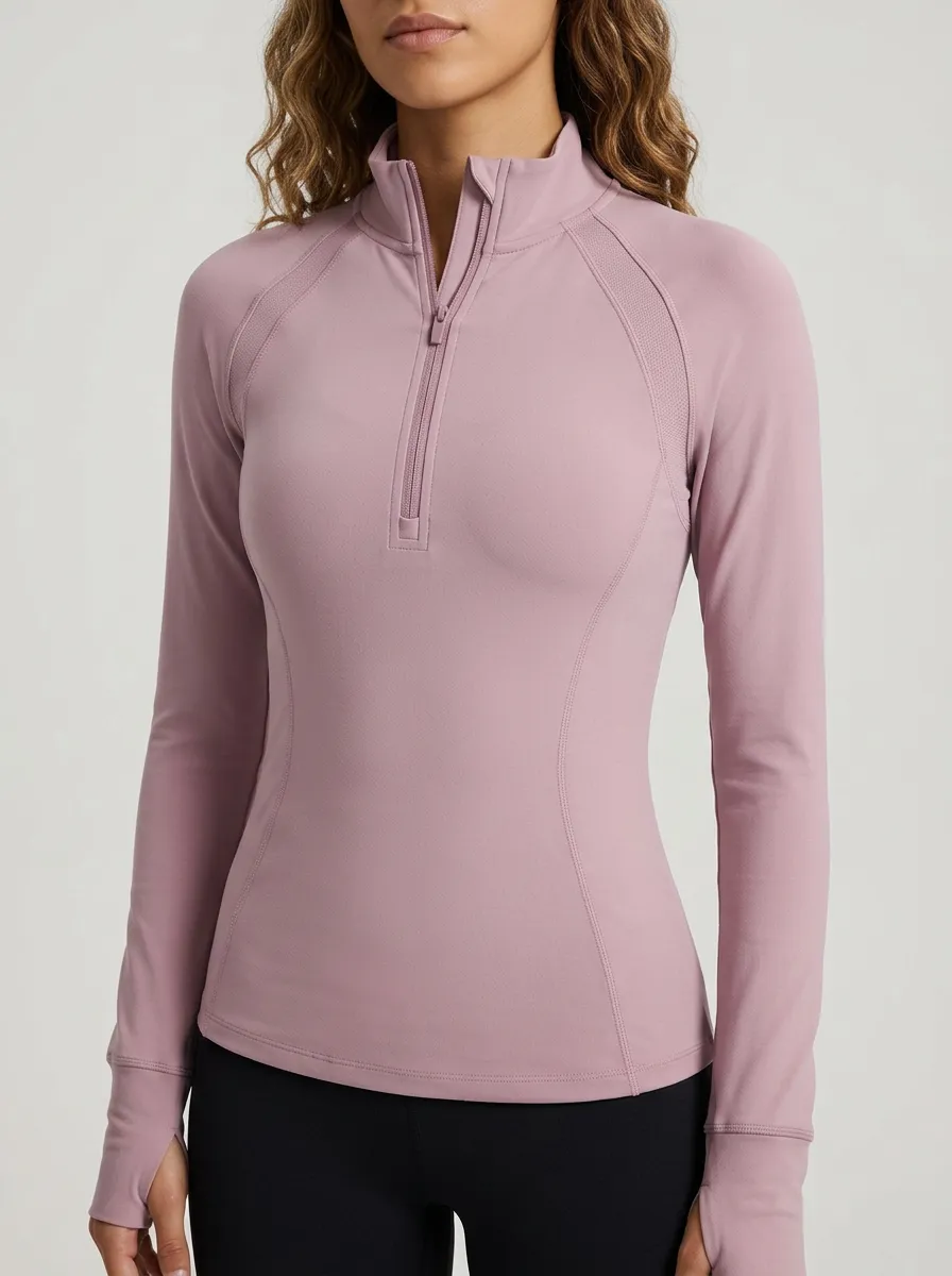 Women's Athletic Dusty Pink Quarter Zip Long Sleeve Sports Shirt