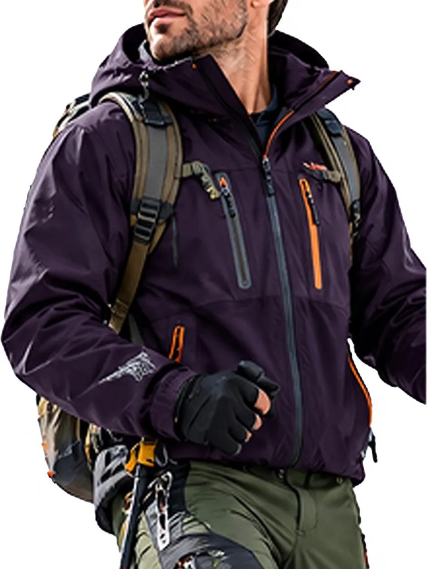 Men's waterproof jacket, suitable for cold-weather hiking, winter skiing, and outdoor softshell activities.