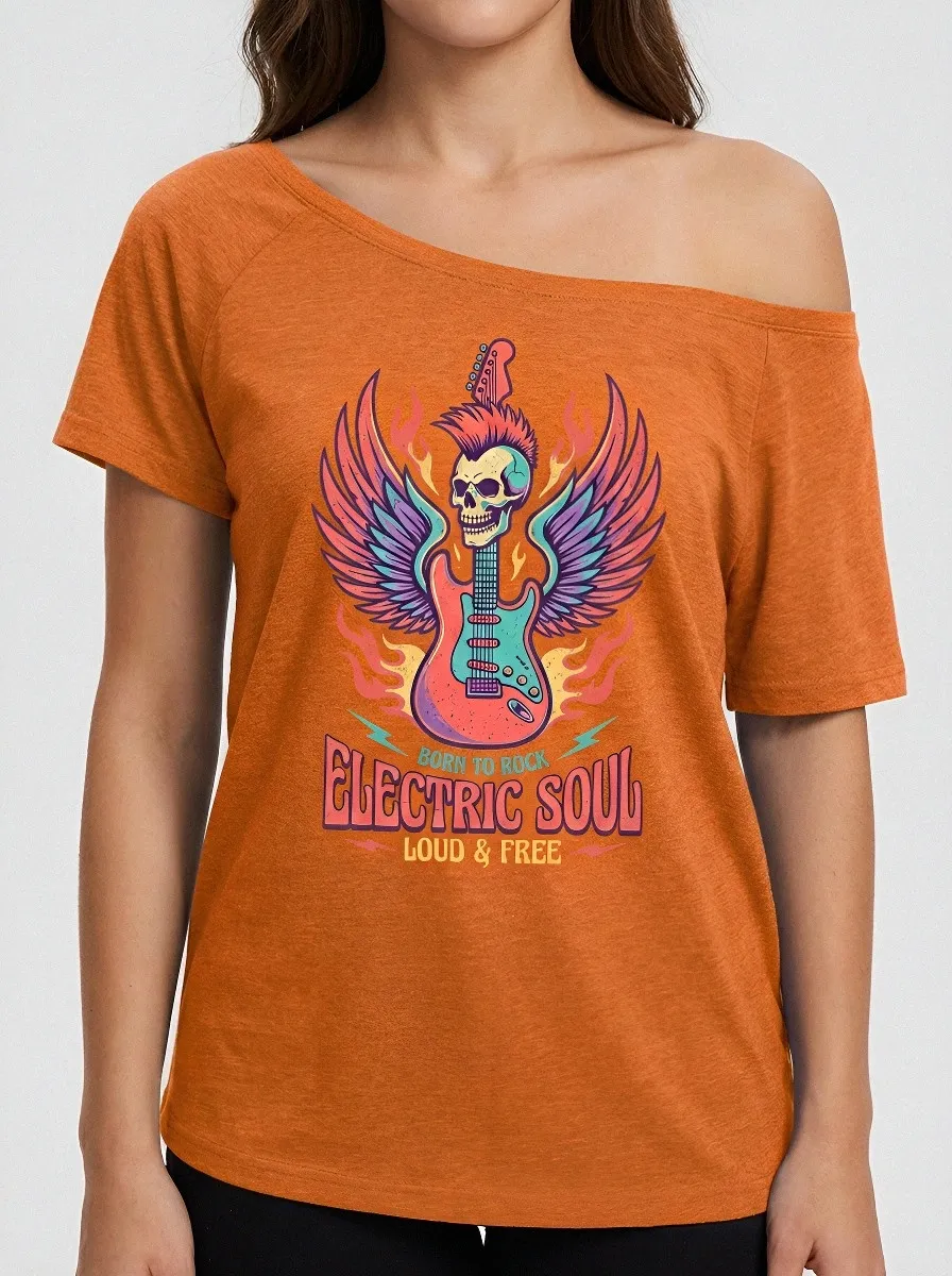 Women's Rock Music Lover Skull Guitar Wings Printed Off-Shoulder Top