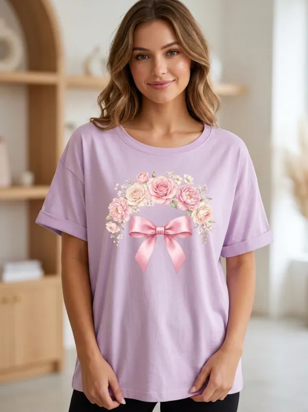 Women's Breast Cancer Awareness Floral Bow Printed T-shirt