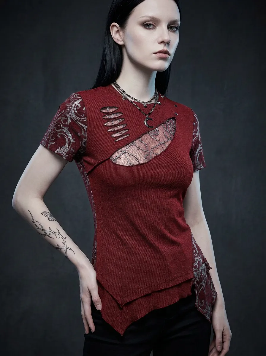 Victorian-Inspired Thorn Cutout Punk Darkwear Style Women's Gothic T-Shirt