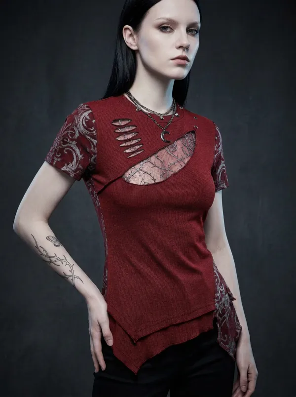 Victorian-Inspired Thorn Cutout Punk Darkwear Style Women's Gothic T-Shirt