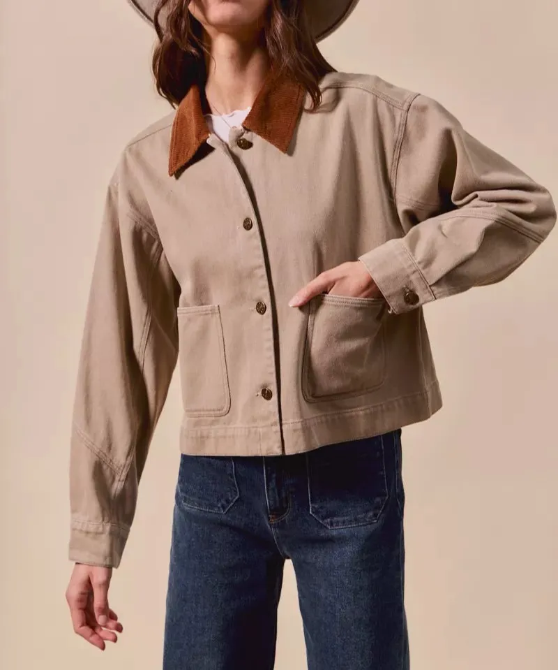 Cotton Twill Cropped Barn Jacket Wtih Collar