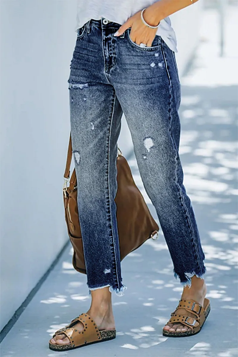 Ripped Raw Hem Zip Fly Jeans
