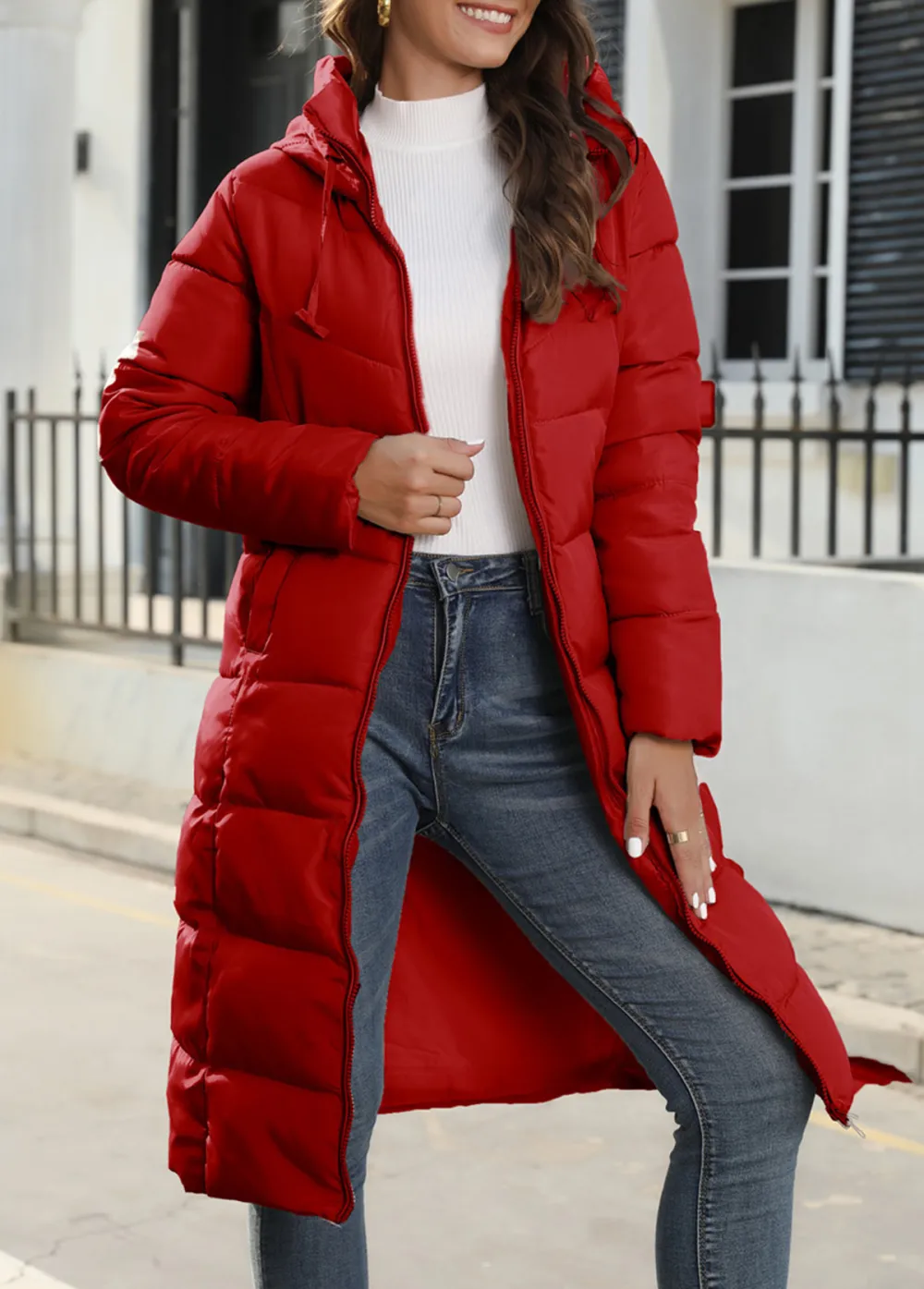 Red Pocket Long Sleeve Hooded Coat