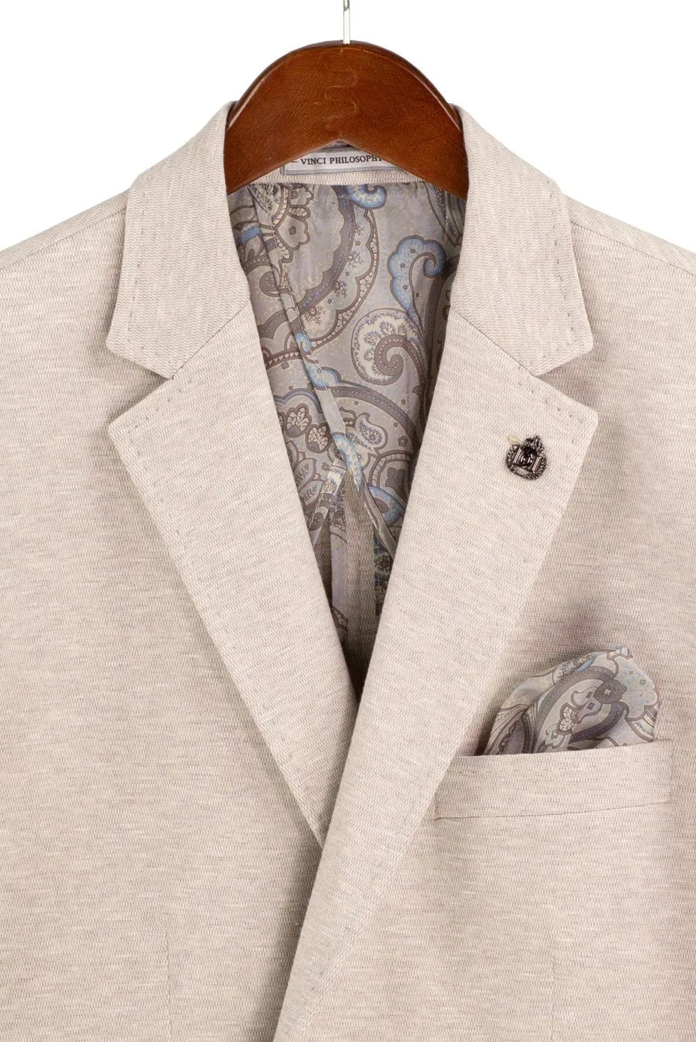 Oatmeal Modern Fit Textured Single Breasted Notch Lapel Side Vents Blazer