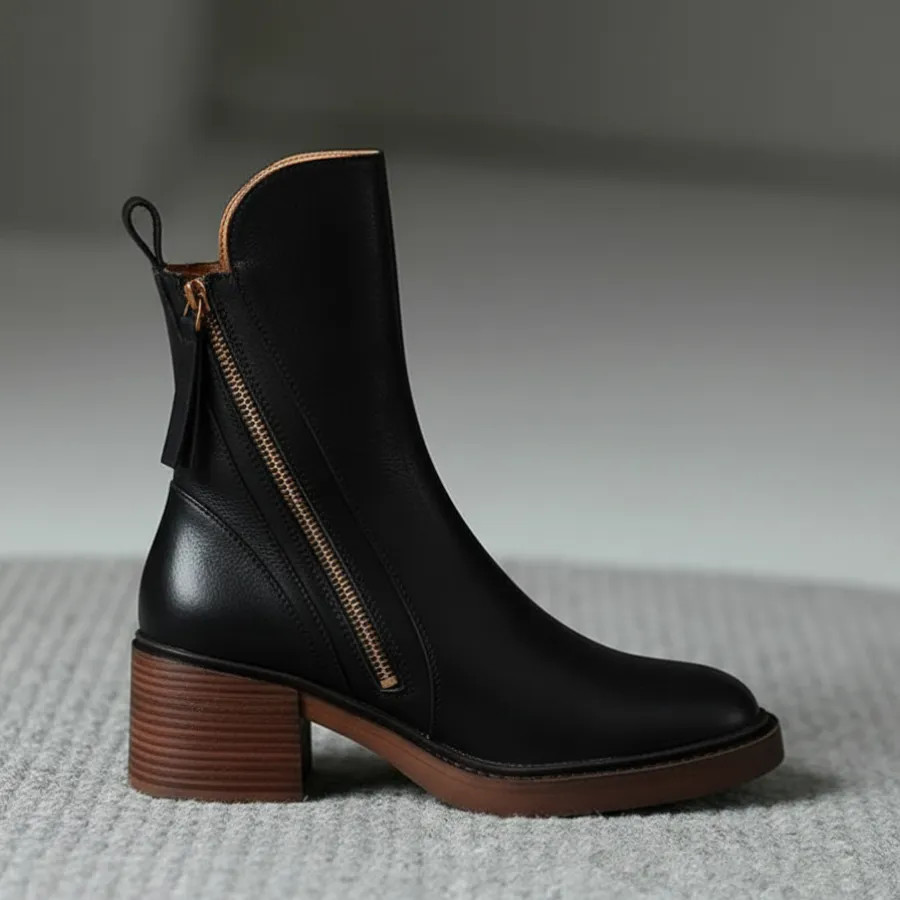 Leather Ankle Boots Side Zip Block Heel