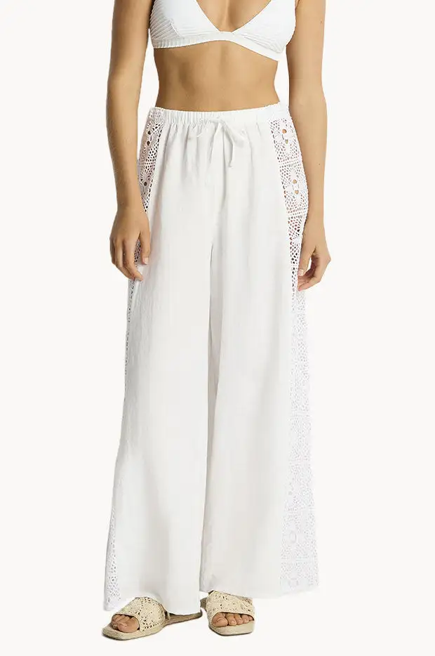 Lace Panel Linen Beach Pants