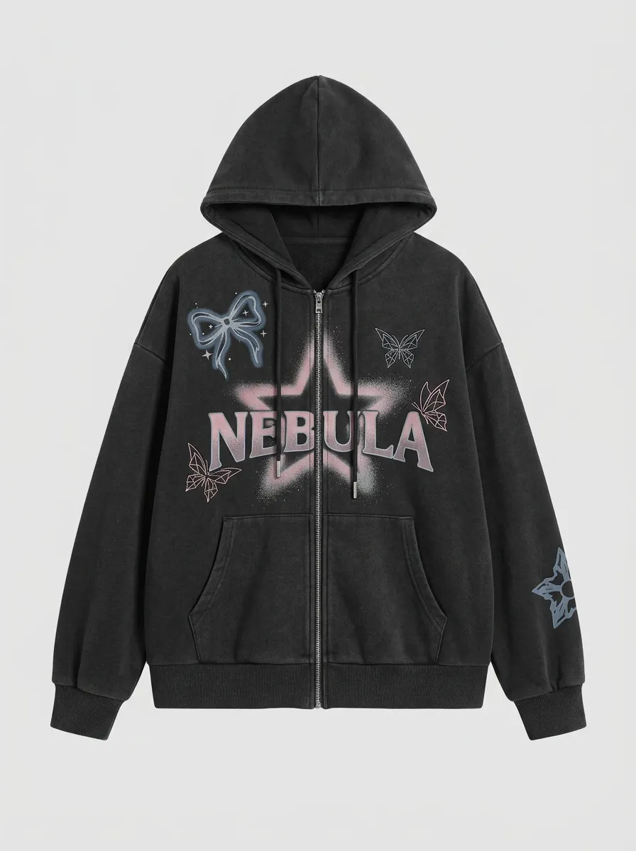 Unisex Streetwear Nebula Star Butterfly Bow Printed Zip-up Hoodie