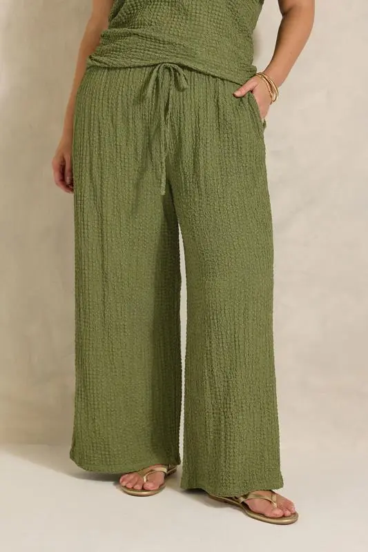 Khaki Green Crinkle Wide Leg Trousers