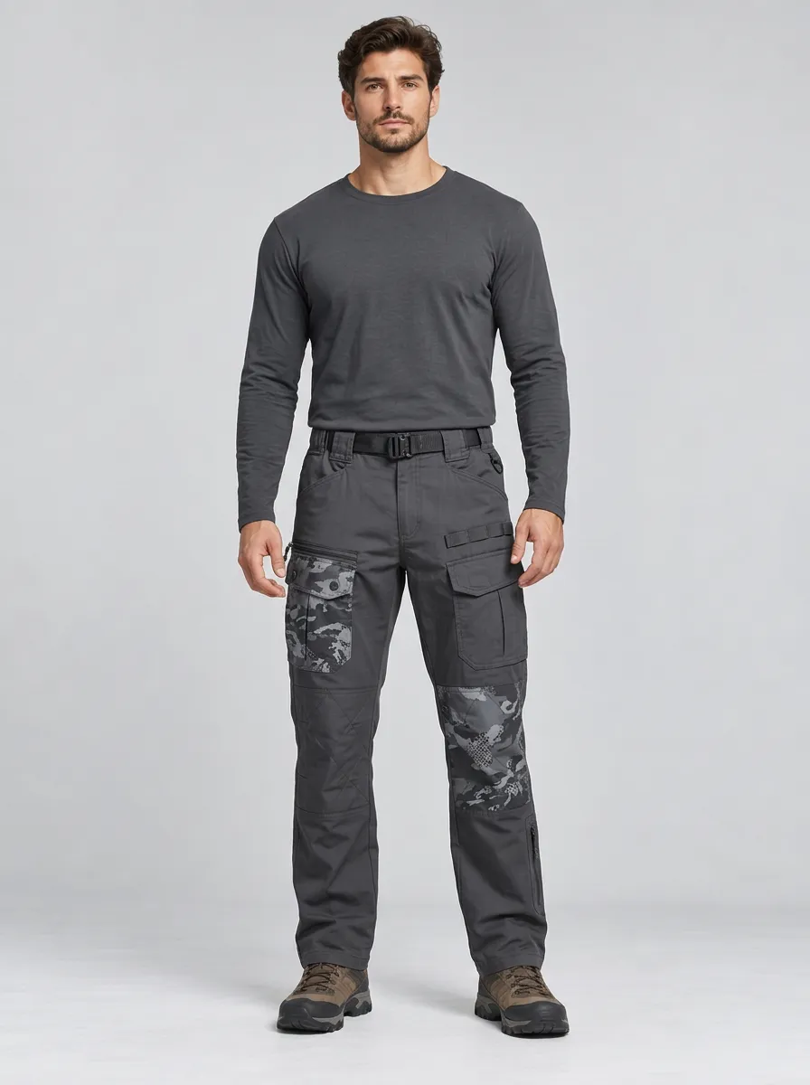 Men's Charcoal Grey Camo Multi-Pocket Reinforced Knee Tactical Cargo Pants