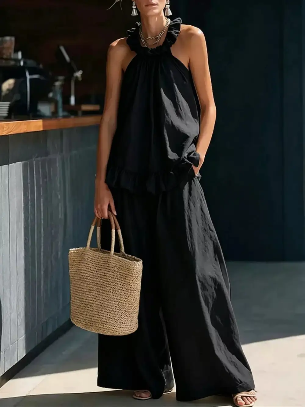Full Size Ruffled Halter Neck Top and Wide Leg
