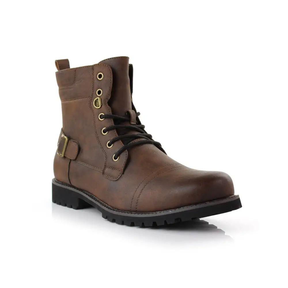 Faux-Leather Lace-Up Buckle-Detail Combat Boots