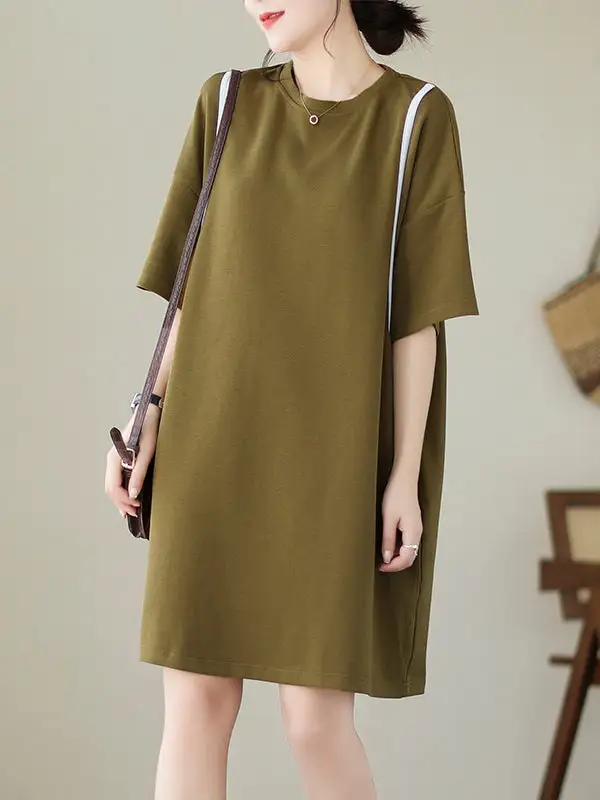 Relaxed Short Sleeve Split Joint Round Neck Mini Dress