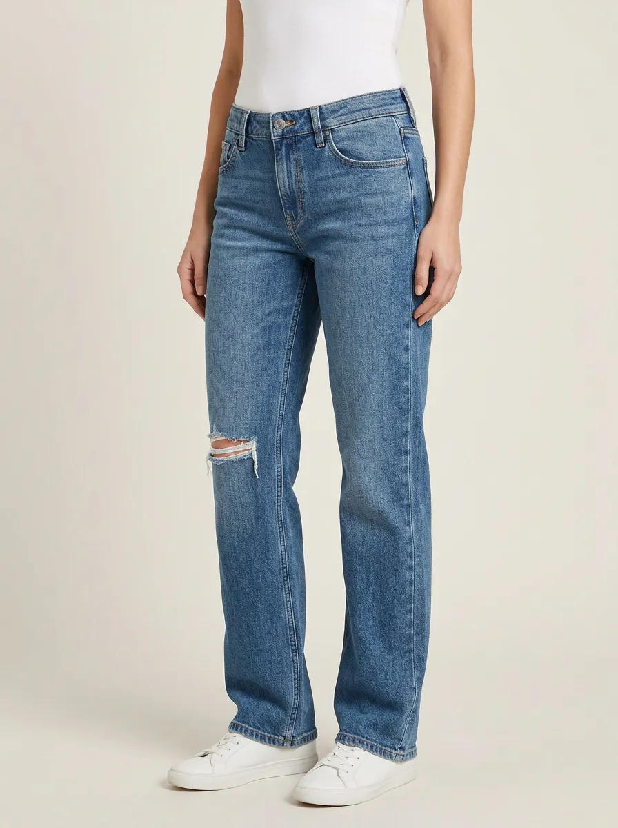 Women's Whiskered Right-Knee Distressed Mid-Rise Straight-Leg Jeans