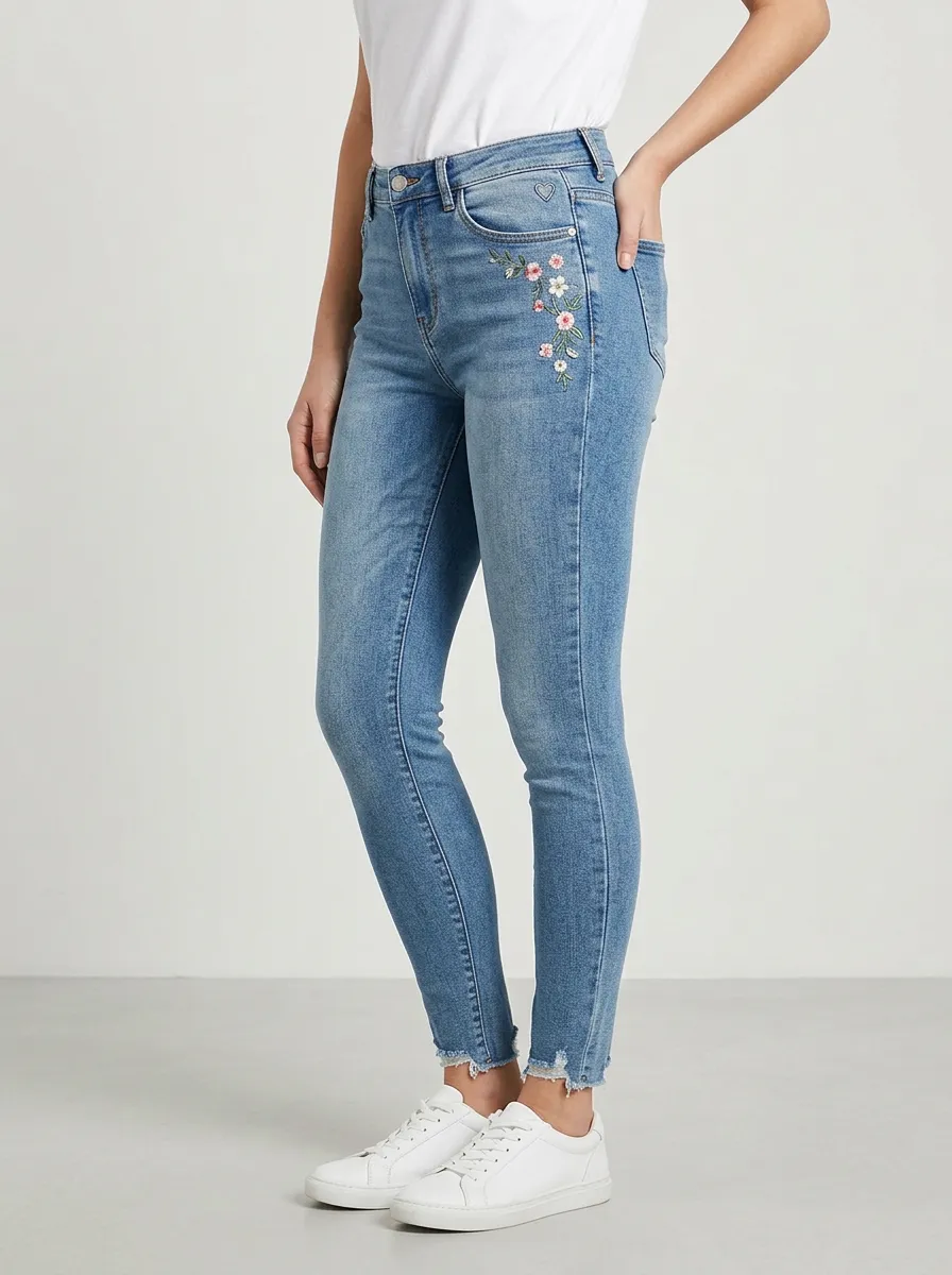 Women's Floral Embroidered Flower Printed Slim Jeans