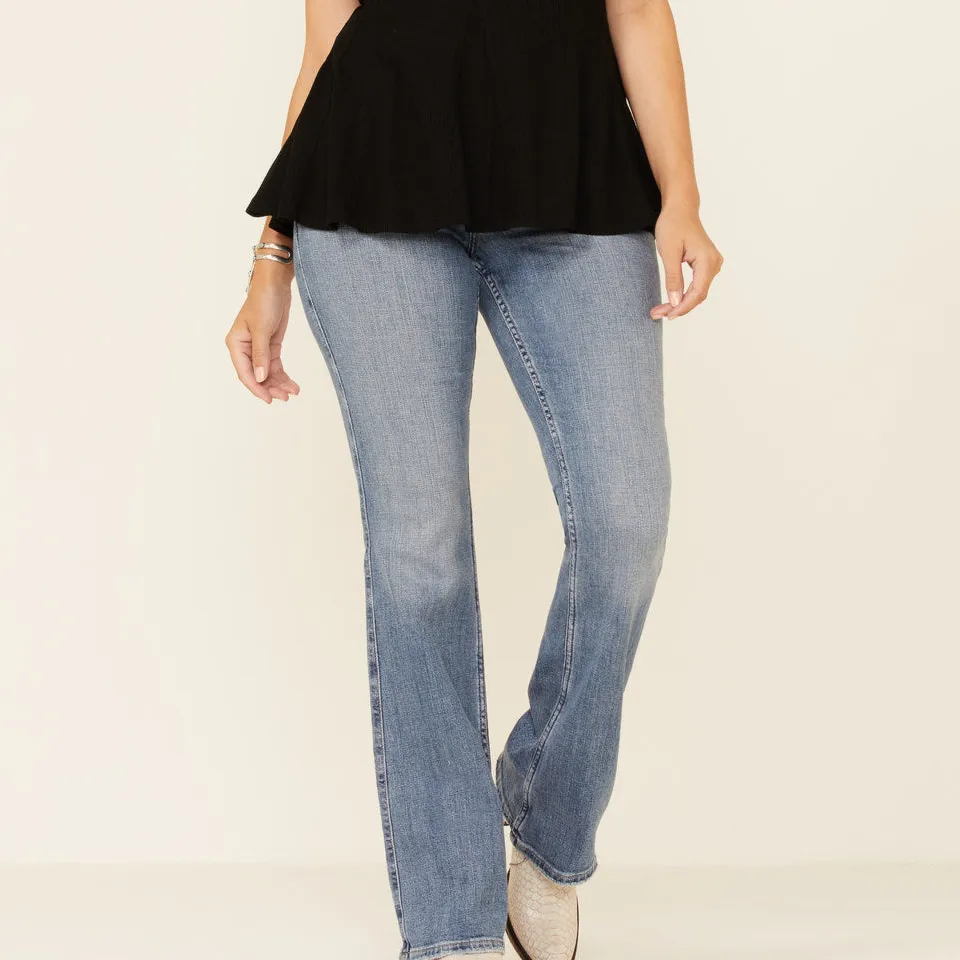 Mid Rise Bootcut Stretch Denim Raw Hem Jeans