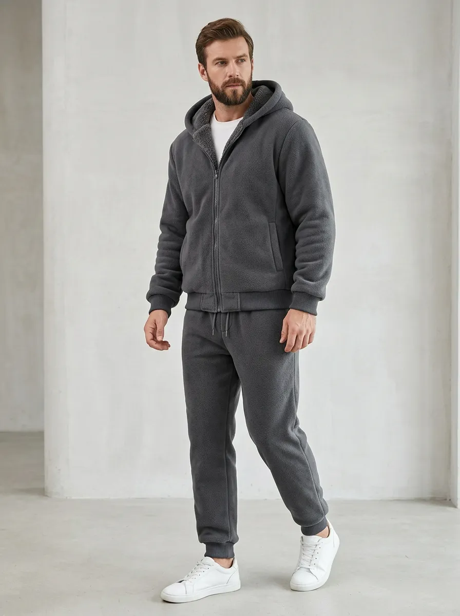 Men's Winter Fleece-Lined Zip-Up Hoodie and Jogger Set with Welt Pockets