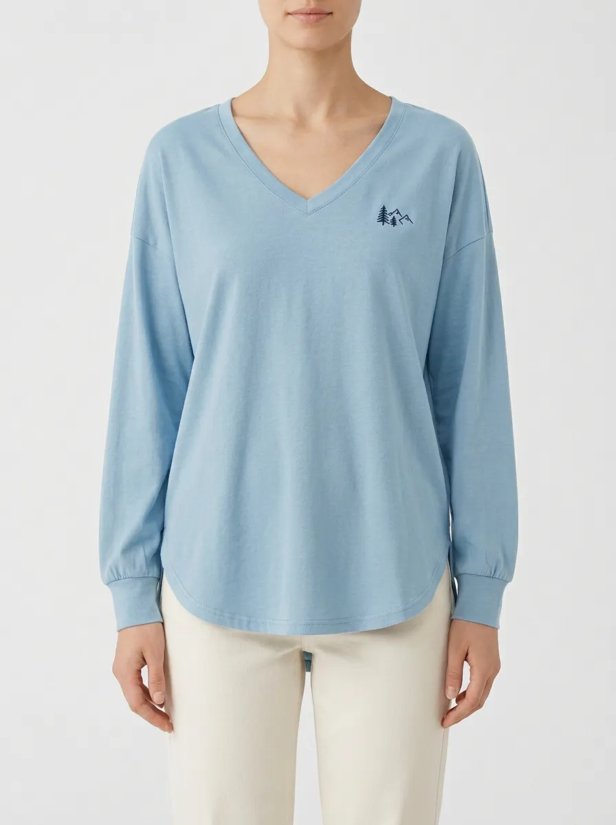 Women's V-Neck Long-Sleeve T-Shirt with Mountain Embroidery