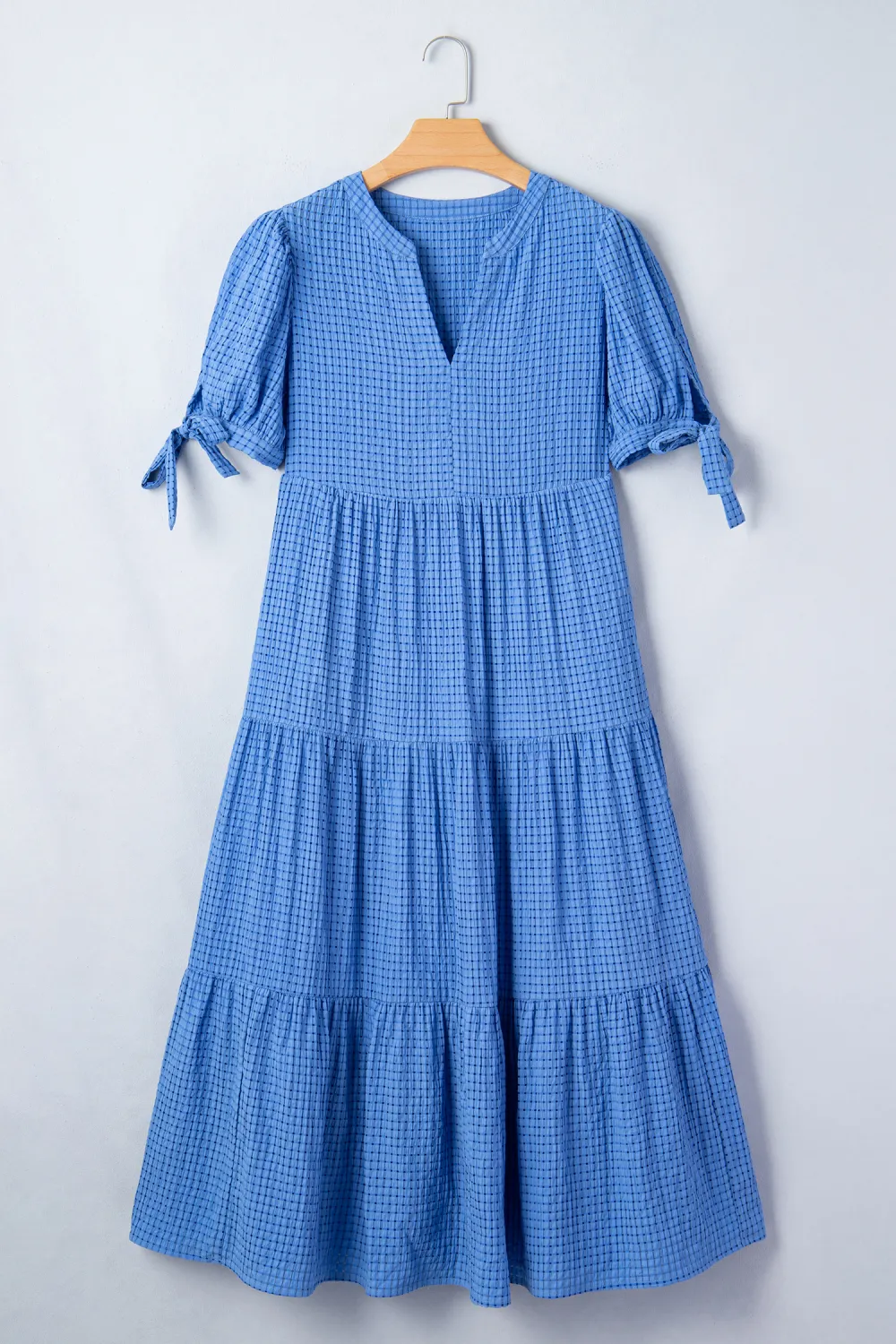 Blue Gingham Bow Tie Midi Dress