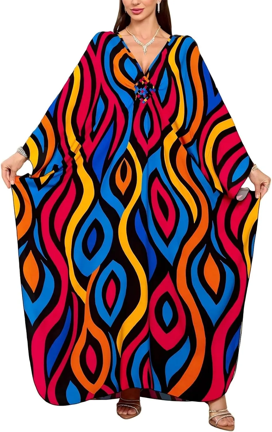 IMAGEKOPE Kaftan Dresses for Women Plus Size V-Neck Moo Moos Batwing Kaftan Beach Dress Bathing Suit Cover-Up Loungewear