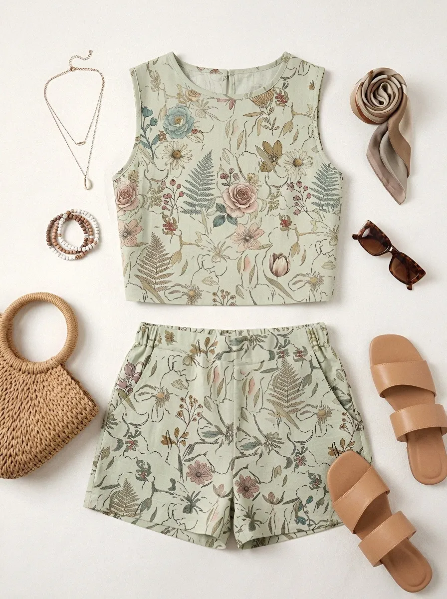 Women's Vintage Botanical Floral Printed Sleeveless Shorts Set