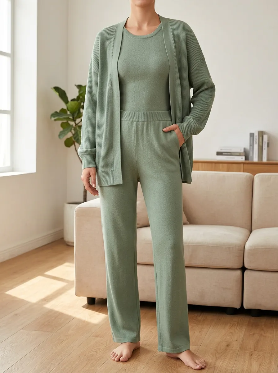 Women's Easy Styling Ribbed Knit Cardigan And Pants With Tank Top Three Piece Outfit