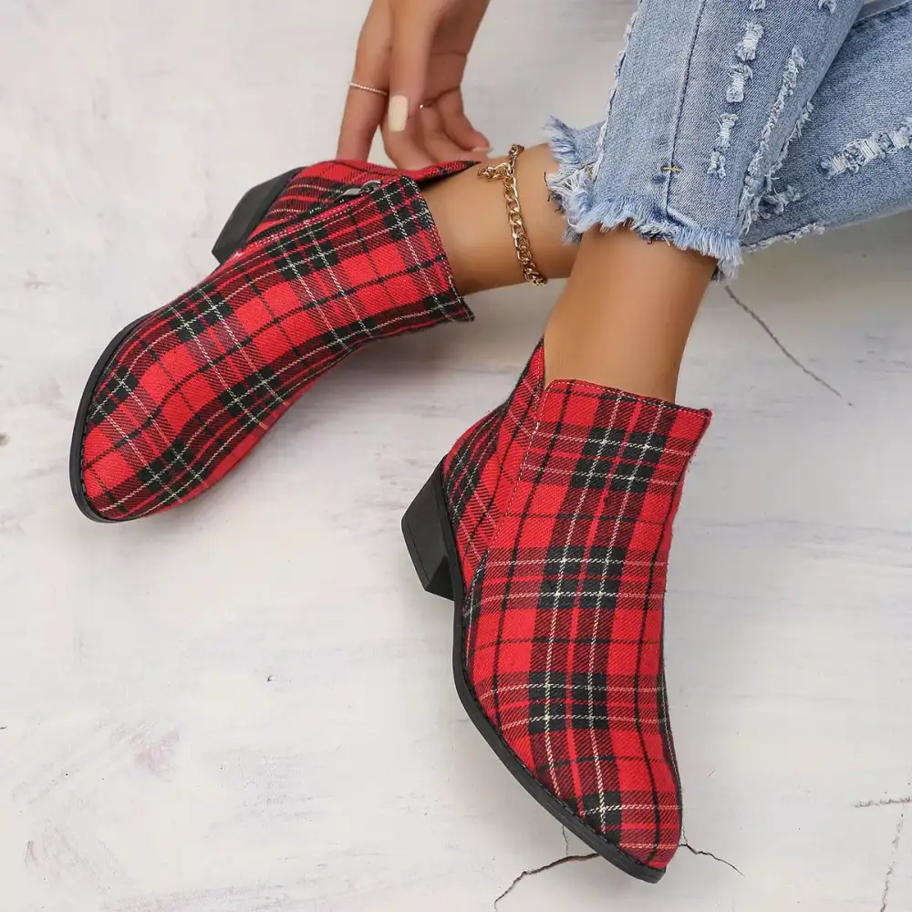 Plaid Pointed Toe Ankle Boots