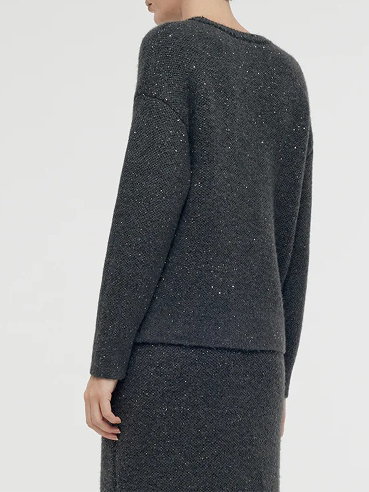Charcoal Grey Wool Blend Sequins Women Sweater
