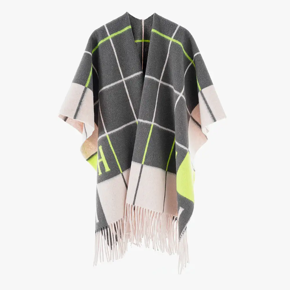 Plaid Monogram Fringed Wrap Scarf