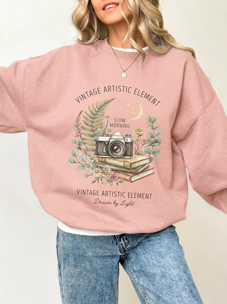Women's Dark Grey Photography Book Floral Crewneck Sweatshirt