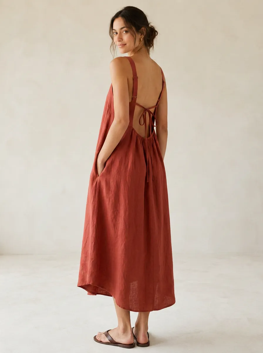 Women's Flowing Casual Linen Midi Backless Dress