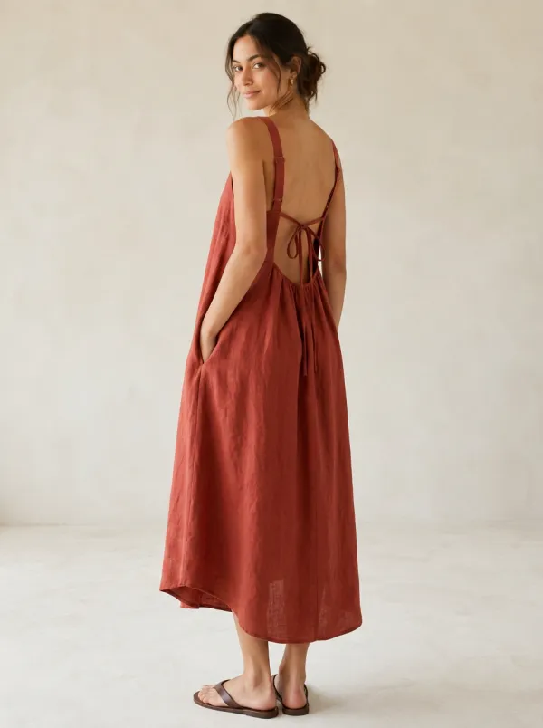 Women's Flowing Casual Linen Midi Backless Dress