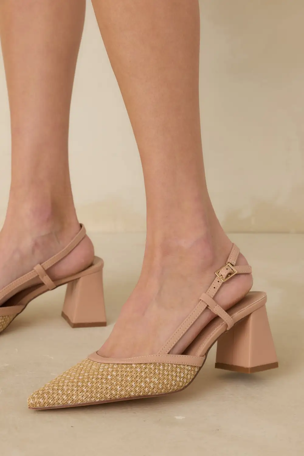 Woven Pointed Toe Block Heel Slingback Slingback Heels