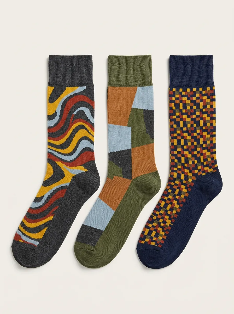 Men's Wavy Lines Checkerboard Ribbed Crew Sock Set