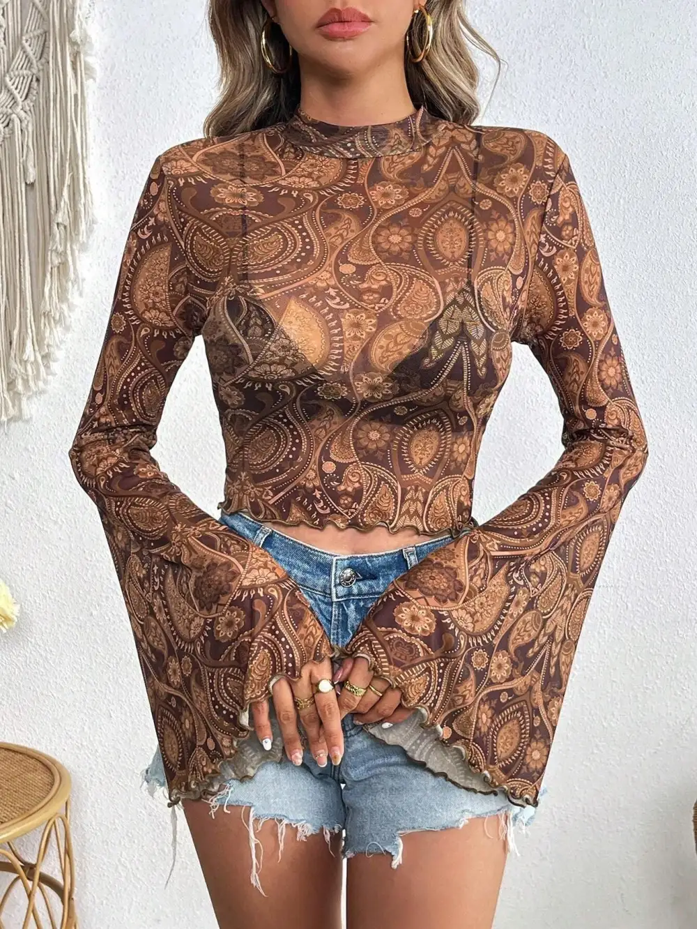 Flared Sleeve Mesh Blouse