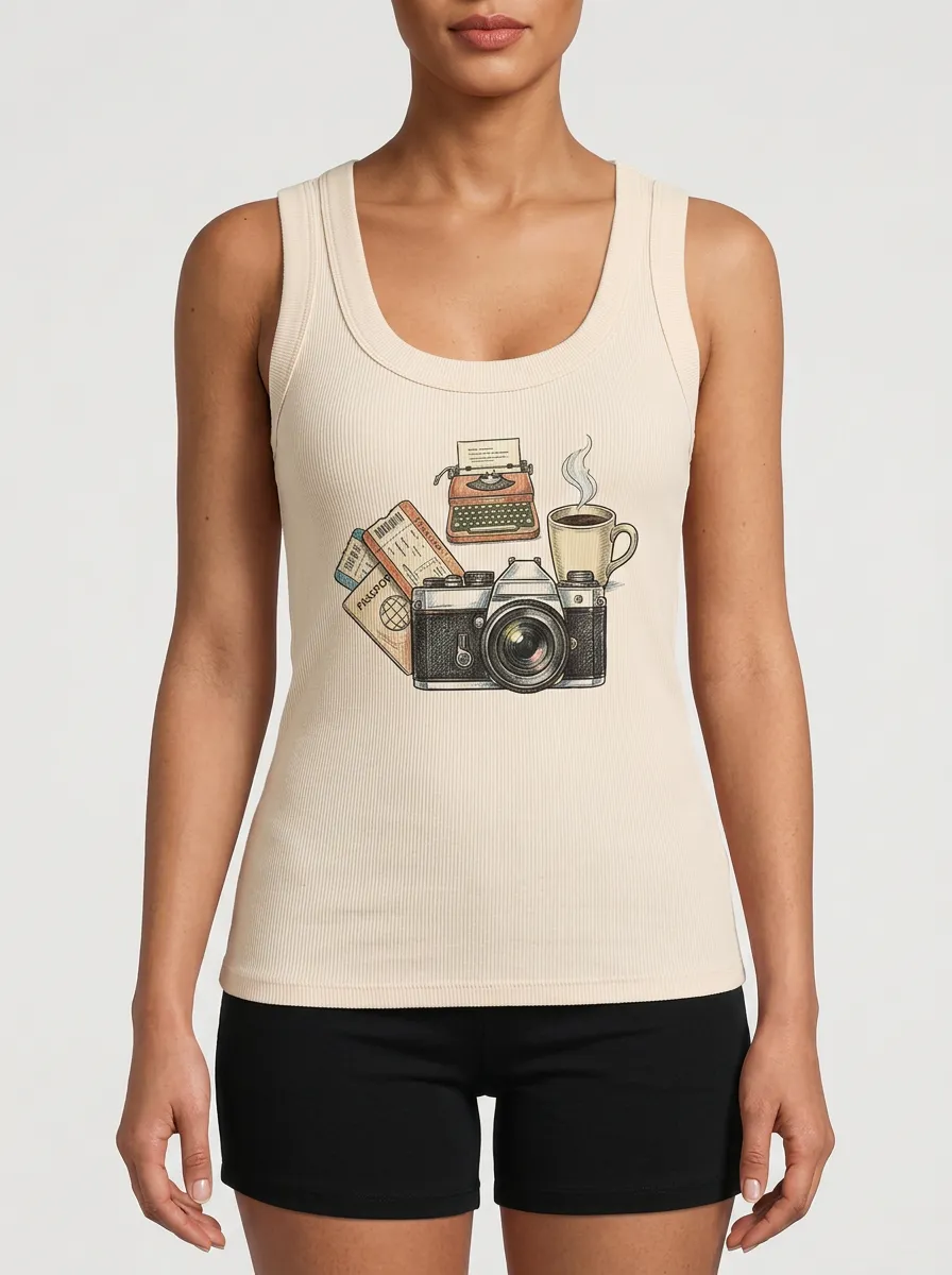Women's Travel Hobbyist Camera Typewriter Coffee Graphic Tank Top