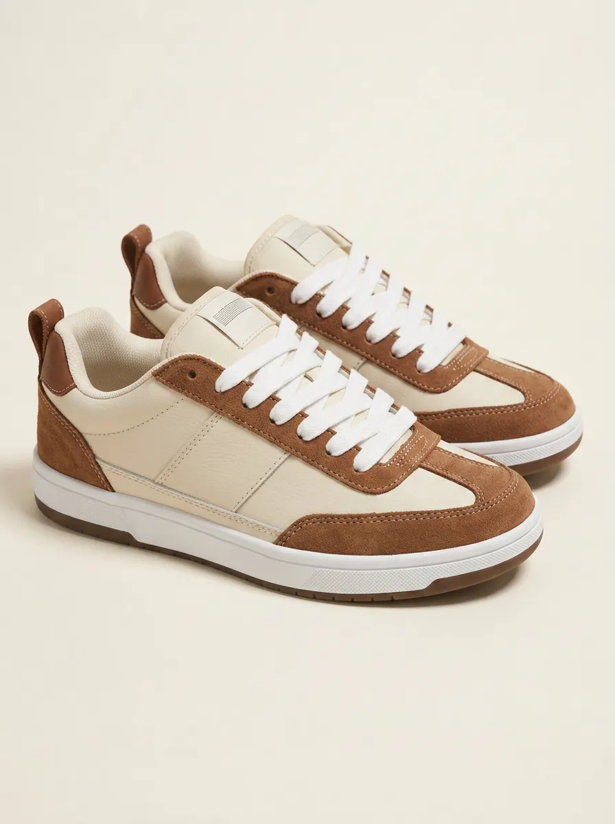 Women's Casual Beige Brown Suede Patchwork Printed Sneakers