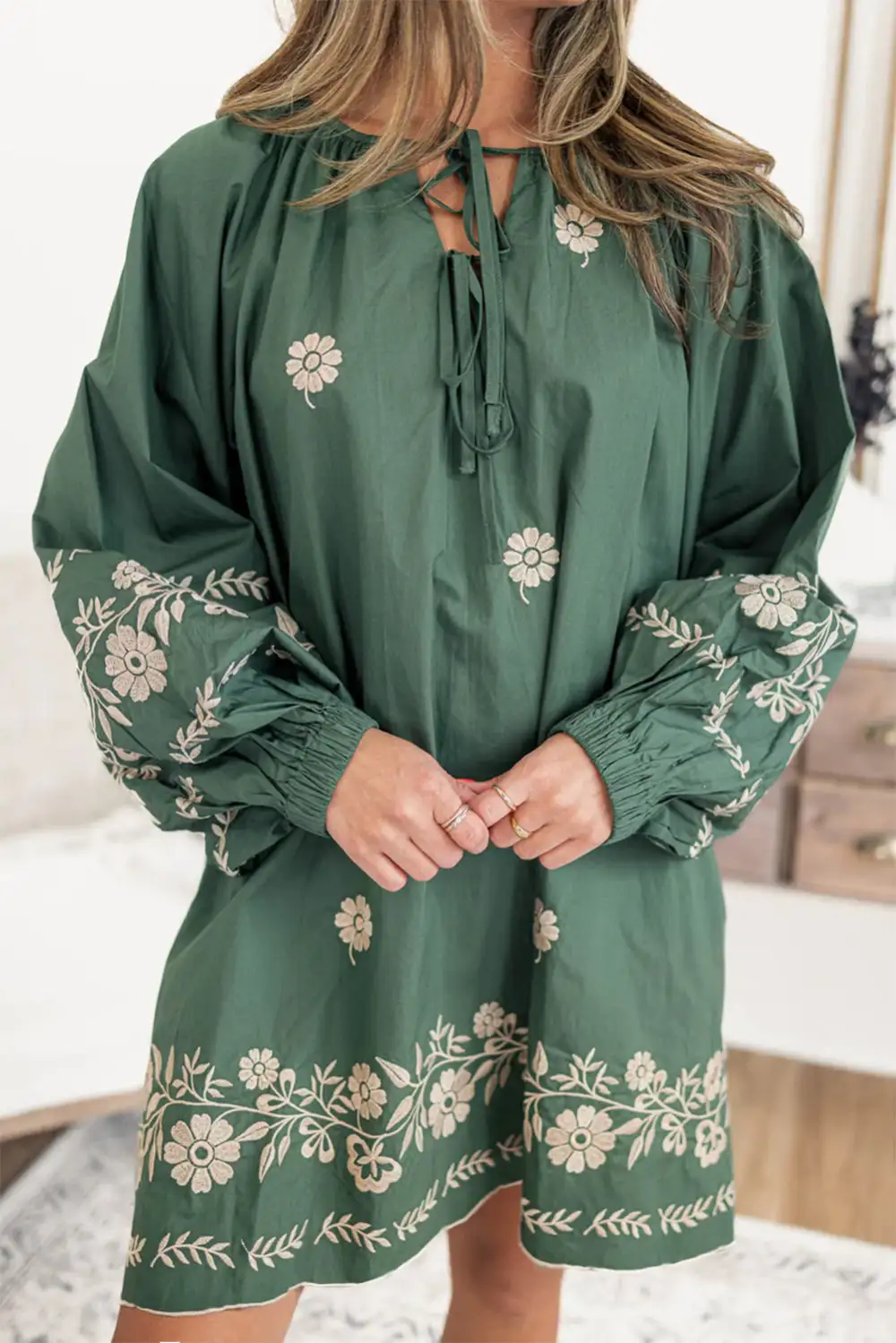 Tie Neck Boho Floral Pattern Puff Sleeve Shift Dress