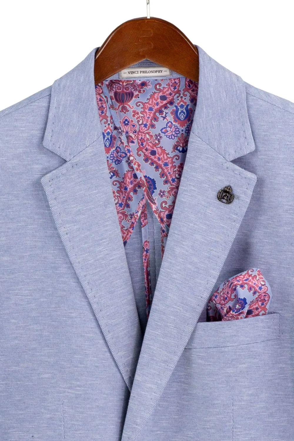 Light Blue Modern Fit Textured Single Breasted Notch Lapel Side Vents Blazer