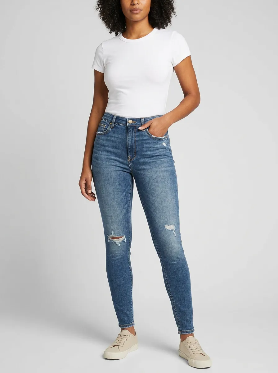 Women's High-Rise Distressed Blue Denim Slim Jeans