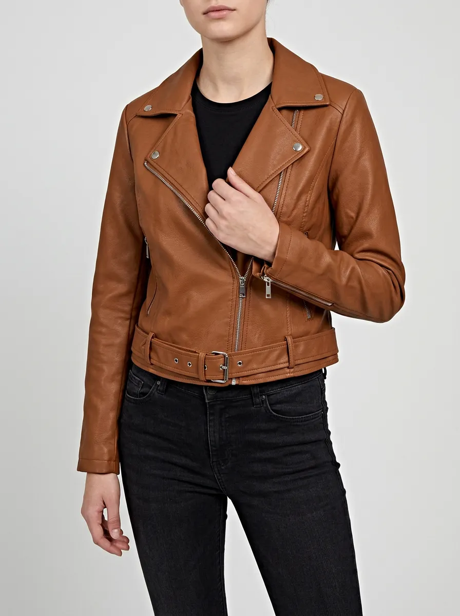 Women's Brown Faux Leather Biker Belted Jacket with an Asymmetric Zip