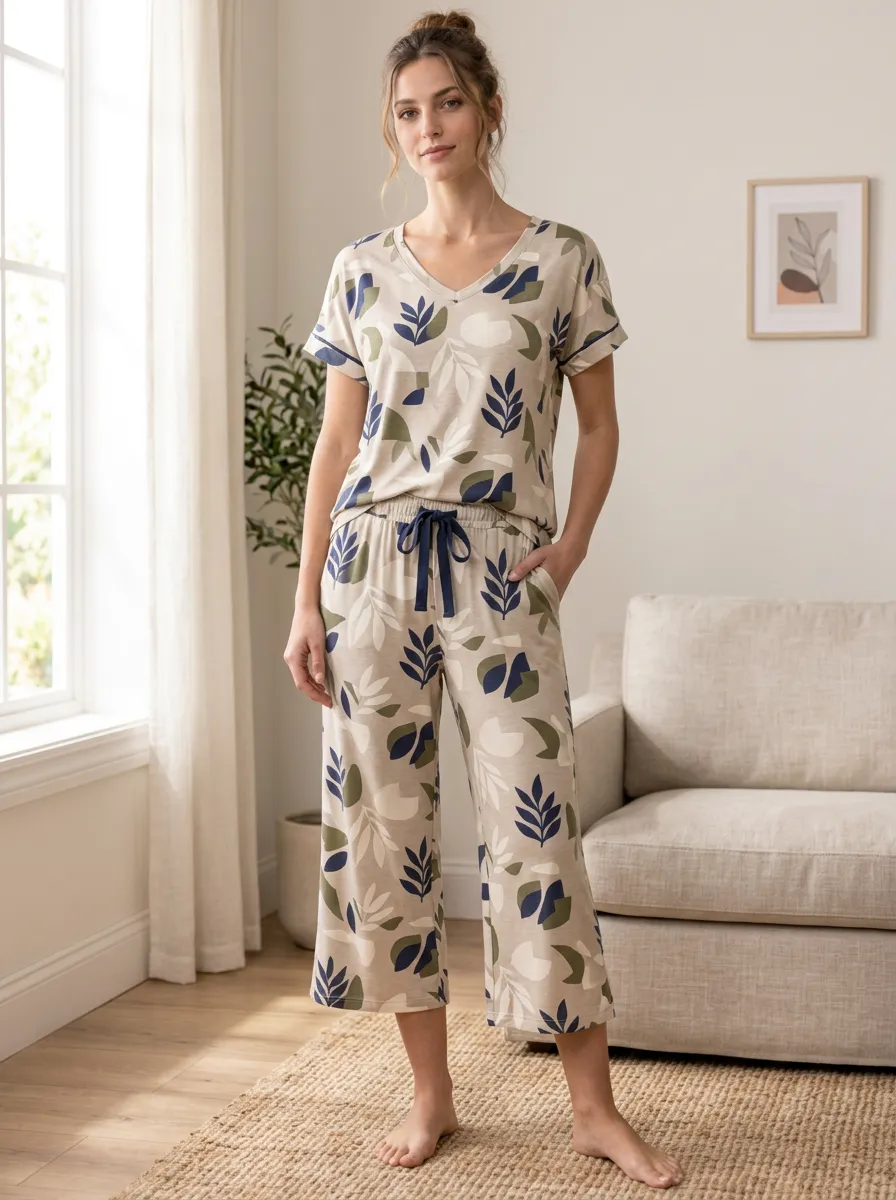 Botanical Leaf V-Neck Short Sleeve Matching Shorts Women's Printed Pajama Set