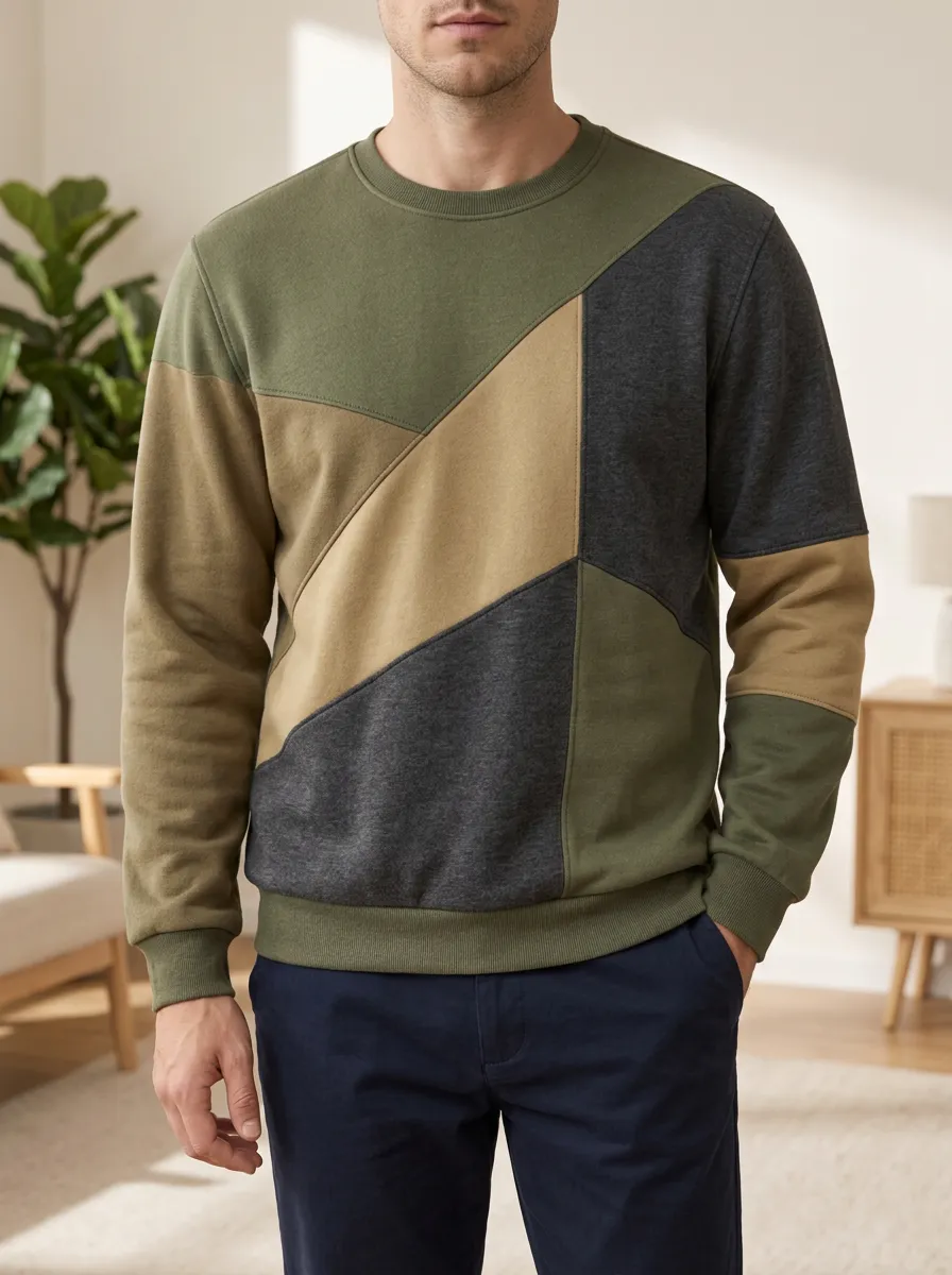 Men's Colorblock Geometric Patchwork Fleece Crewneck Sweatshirt