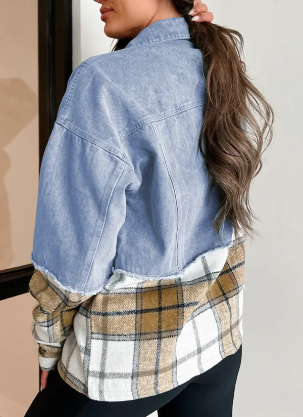 Women's Plaid Patchwork Buttoned Oversized Denim Jacket