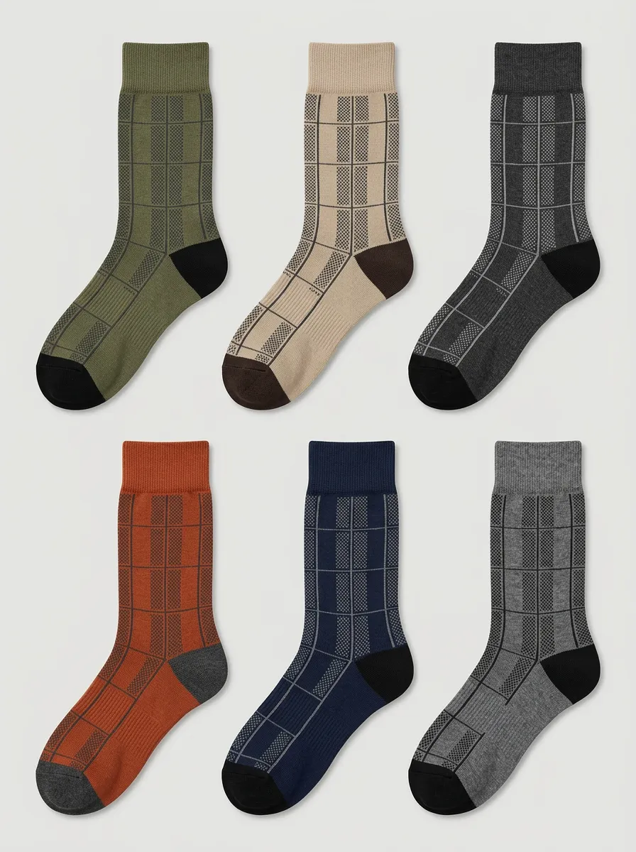 Men's Vintage Plaid Pattern Printed Crew Socks 6-Pack