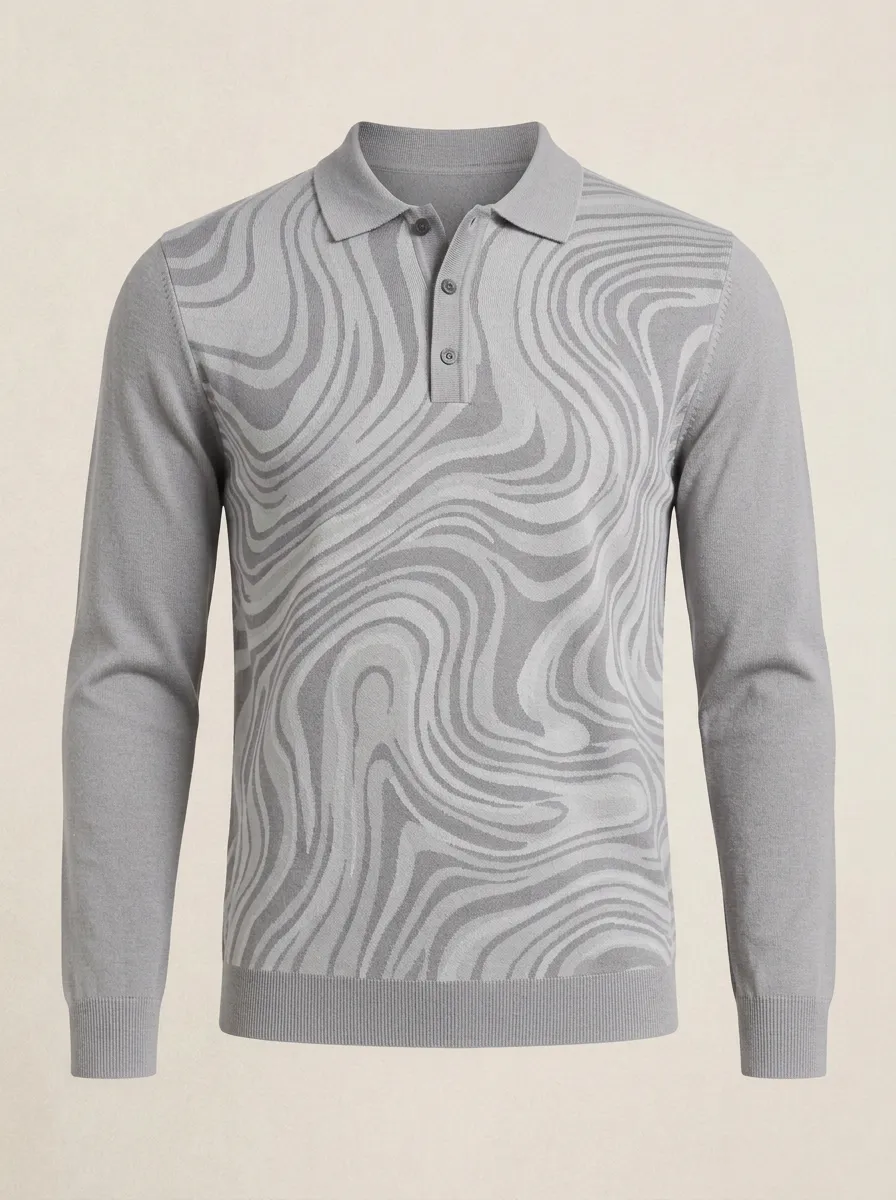 Men's Abstract Marble Pattern Printed Long Sleeve Polo Shirt Everyday Design